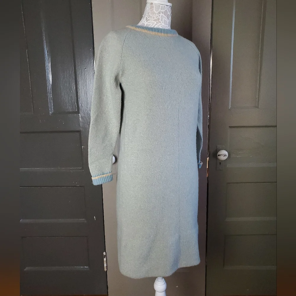 Vintage 70s Sears Shetland Wool Blue Ivory Sweater Dress Knit S / M - Picture 3 of 16